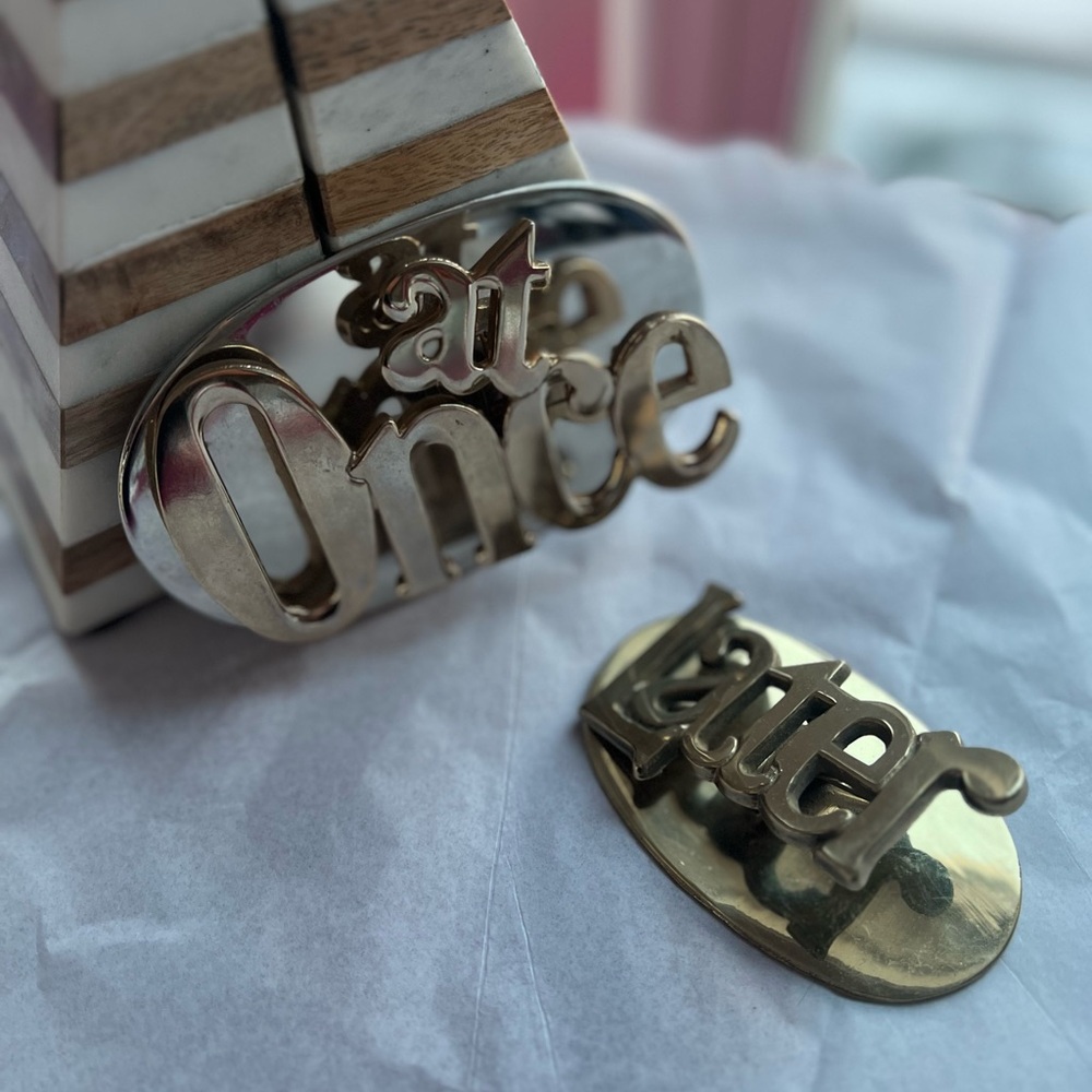 VTG 80s EUC Brass 'At Once' and 'Later' Paperweight Clips